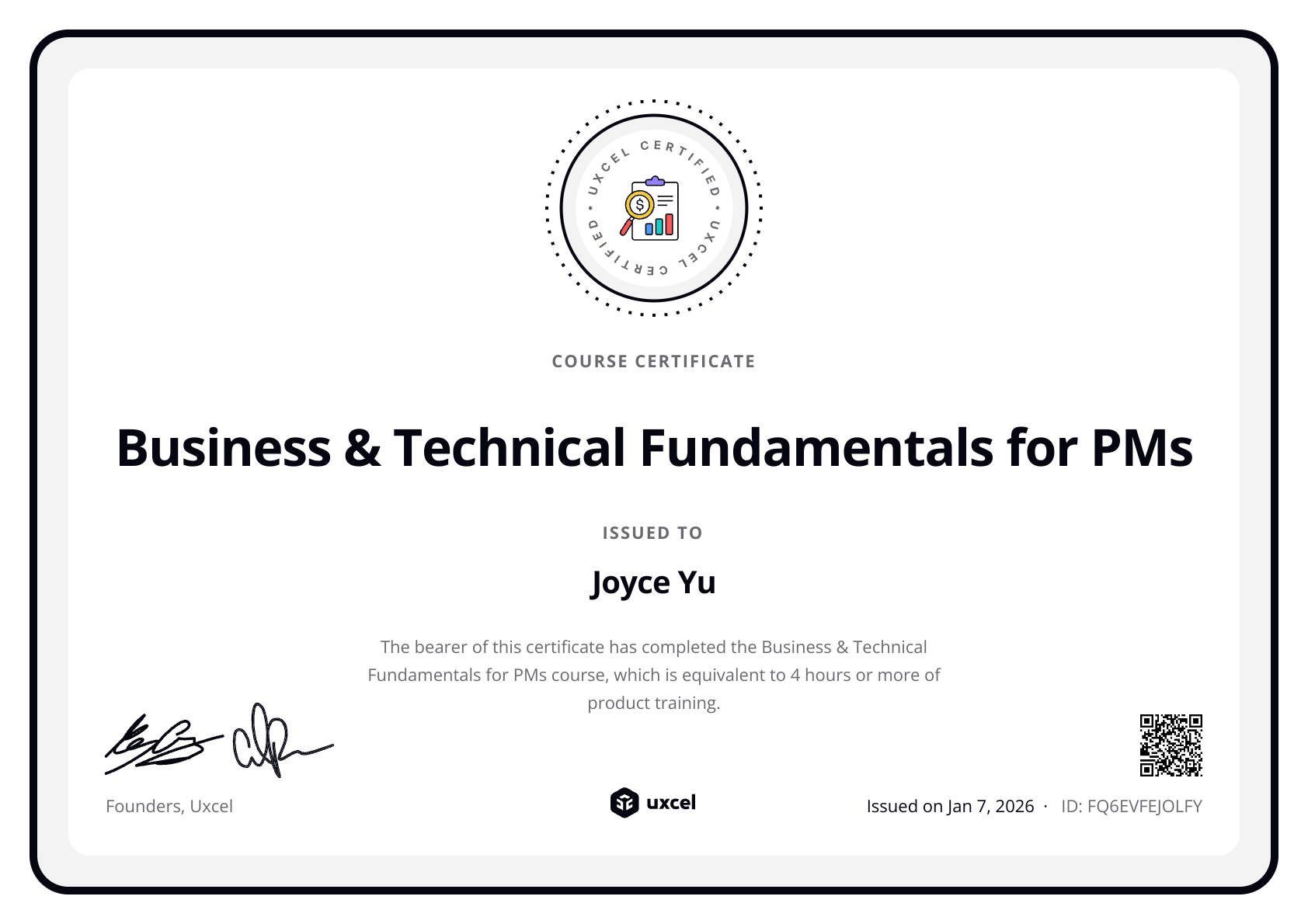 Joyce Yu's certificate